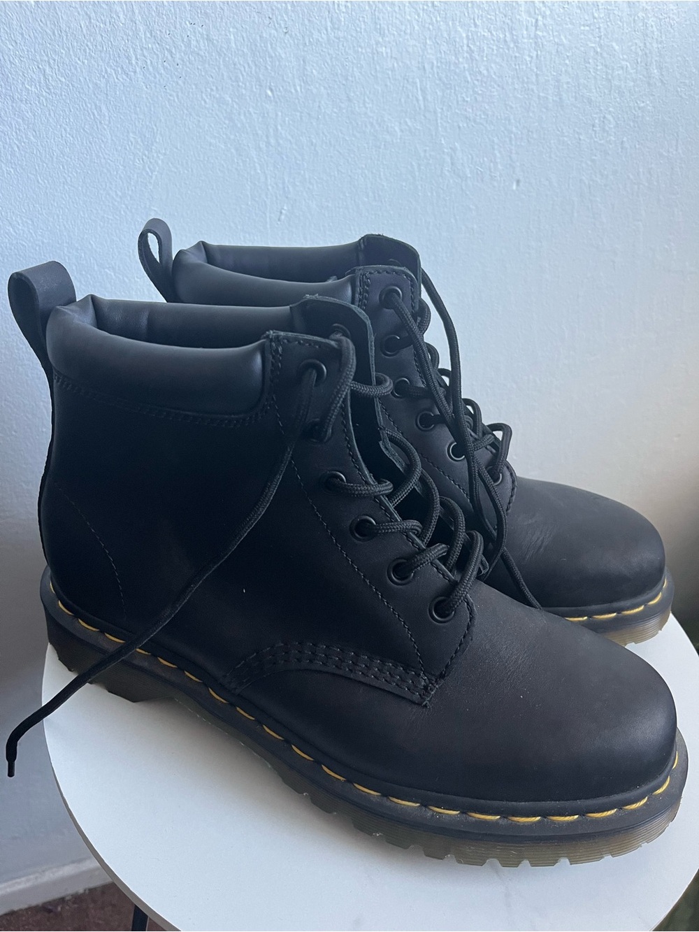 Dr. Martens Women's Black Lace-Up Ankle Boots with Yellow Stitching